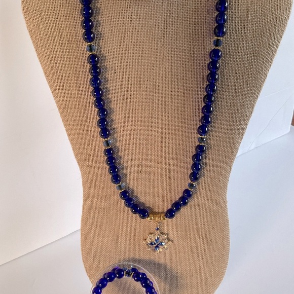 Hand Crafted Pendant Necklace Wrap Bracelet Pierced Earrings Royal Blue Beads - Picture 5 of 16